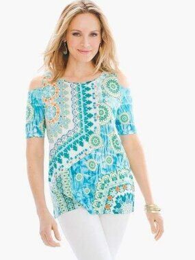Chico's Geo Lagoon Cold Shoulder Top Size 2 (L)